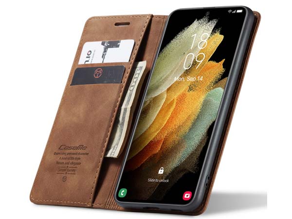 CaseMe Slim Synthetic Leather Wallet Case with Stand for Samsung Galaxy S21 Ultra - Tan