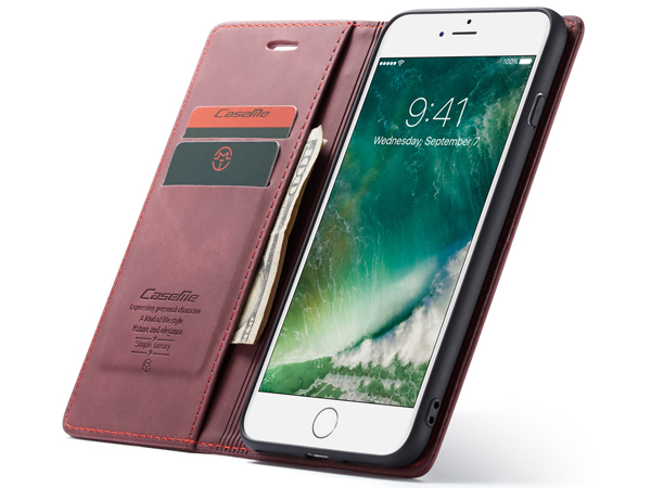 CaseMe Slim Synthetic Leather Wallet Case with Stand for iPhone 8 Plus/7 Plus - Burgundy