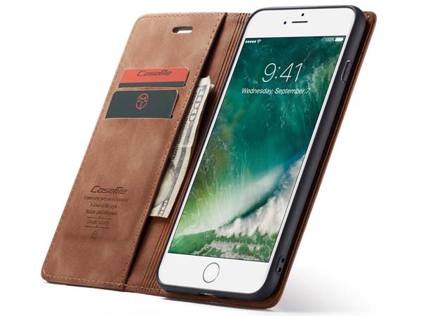 CaseMe Slim Synthetic Leather Wallet Case with Stand for iPhone 8 Plus/7 Plus - Tan