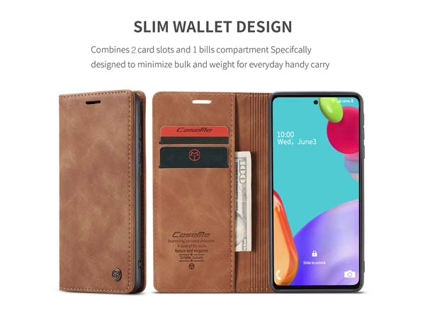 CaseMe Slim Synthetic Leather Wallet Case with Stand for Samsung Galaxy A52s/A52 - Tan