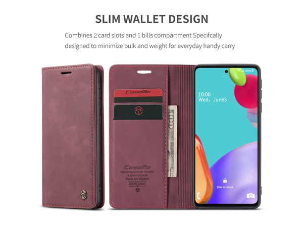 CaseMe Slim Synthetic Leather Wallet Case with Stand for Samsung Galaxy A52s/A52 - Burgundy