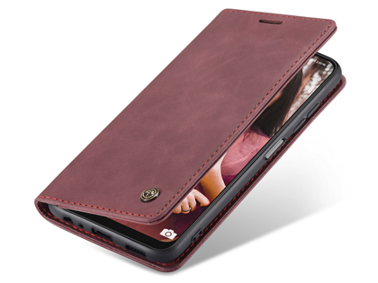 CaseMe Slim Synthetic Leather Wallet Case with Stand for Samsung Galaxy A22 5G - Burgundy Leather Wallet Case