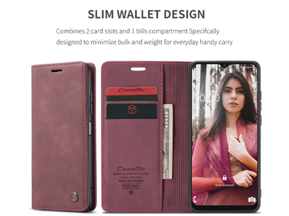 CaseMe Slim Synthetic Leather Wallet Case with Stand for Samsung Galaxy A22 5G - Burgundy