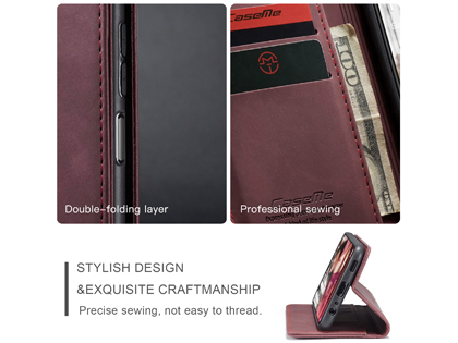 CaseMe Slim Synthetic Leather Wallet Case with Stand for Samsung Galaxy A22 5G - Burgundy