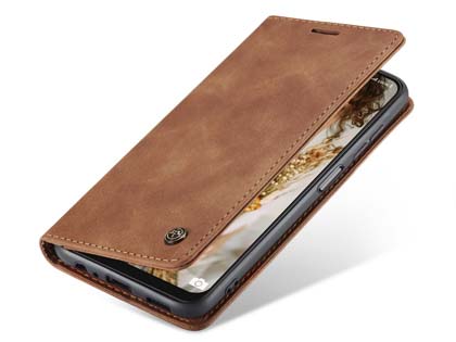 CaseMe Slim Synthetic Leather Wallet Case with Stand for Samsung Galaxy A22 5G - Tan Leather Wallet Case