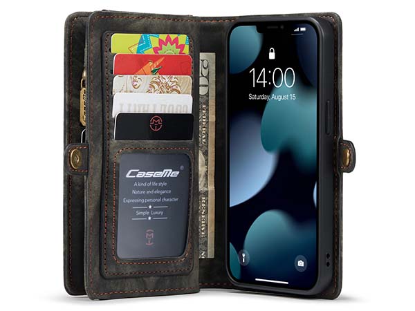 CaseMe 2-in-1 Synthetic Leather Wallet Case for iPhone 13 Mini - Khaki/Grey