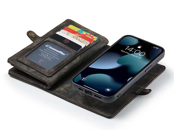CaseMe 2-in-1 Synthetic Leather Wallet Case for iPhone 13 Mini - Khaki/Grey