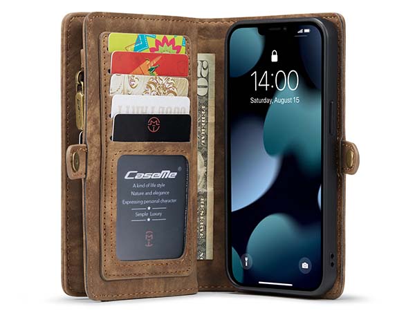 CaseMe 2-in-1 Synthetic Leather Wallet Case for iPhone 13 Mini - Beige/Tan