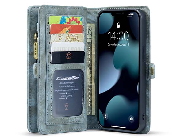 CaseMe 2-in-1 Synthetic Leather Wallet Case for iPhone 13 Mini - Teal/Ash