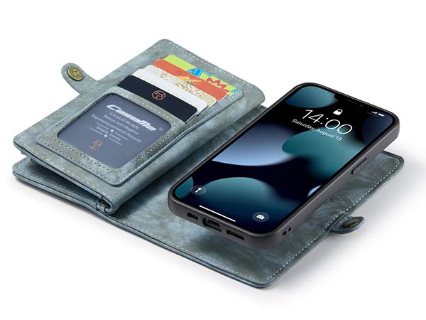 CaseMe 2-in-1 Synthetic Leather Wallet Case for iPhone 13 Mini - Teal/Ash