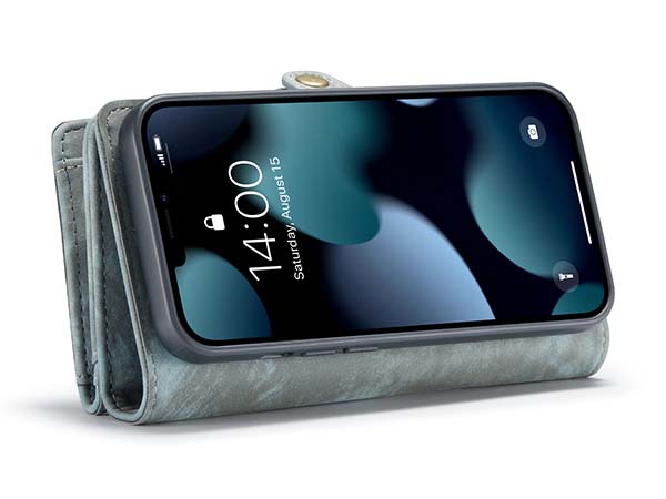 CaseMe 2-in-1 Synthetic Leather Wallet Case for iPhone 13 Mini - Teal/Ash