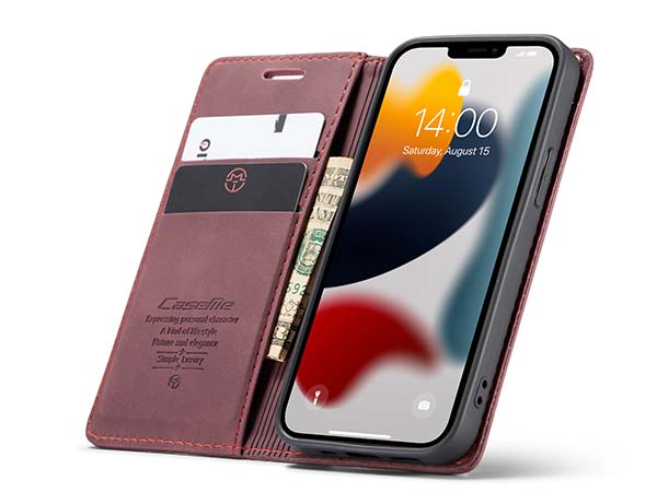 CaseMe Slim Synthetic Leather Wallet Case with Stand for iPhone 13 Mini - Burgundy