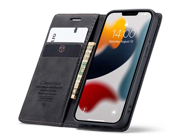 CaseMe Slim Synthetic Leather Wallet Case with Stand for iPhone 13 Mini - Charcoal