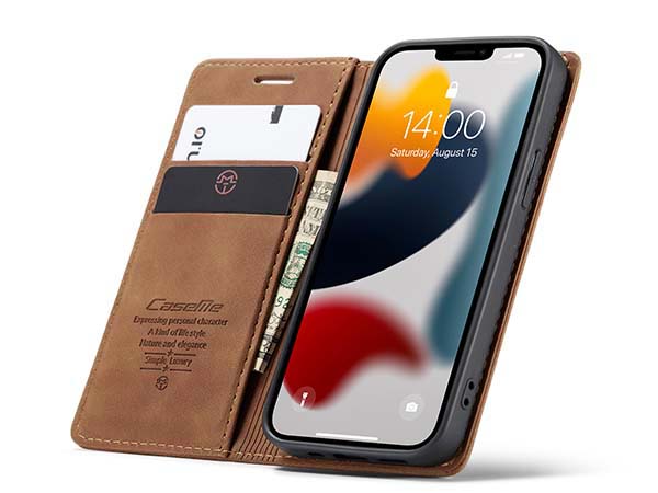 CaseMe Slim Synthetic Leather Wallet Case with Stand for iPhone 13 Mini - Tan