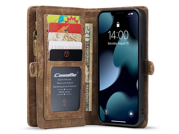 CaseMe 2-in-1 Synthetic Leather Wallet Case for iPhone 13 - Beige/Tan
