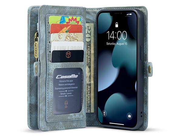 CaseMe 2-in-1 Synthetic Leather Wallet Case for iPhone 13 - Teal/Ash