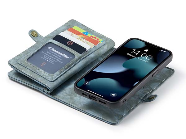CaseMe 2-in-1 Synthetic Leather Wallet Case for iPhone 13 - Teal/Ash