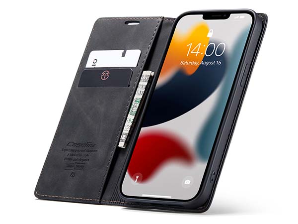 CaseMe Slim Synthetic Leather Wallet Case with Stand for iPhone 13 - Charcoal