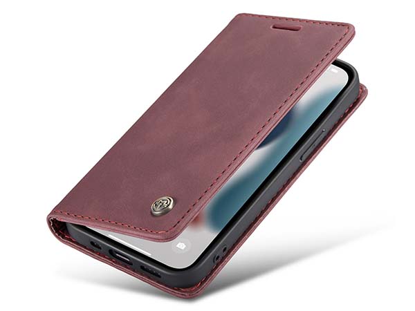 CaseMe Slim Synthetic Leather Wallet Case with Stand for iPhone 13 - Burgundy Leather Wallet Case