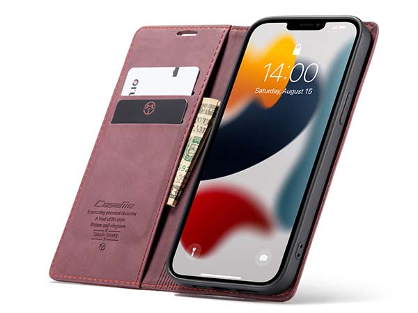 CaseMe Slim Synthetic Leather Wallet Case with Stand for iPhone 13 - Burgundy
