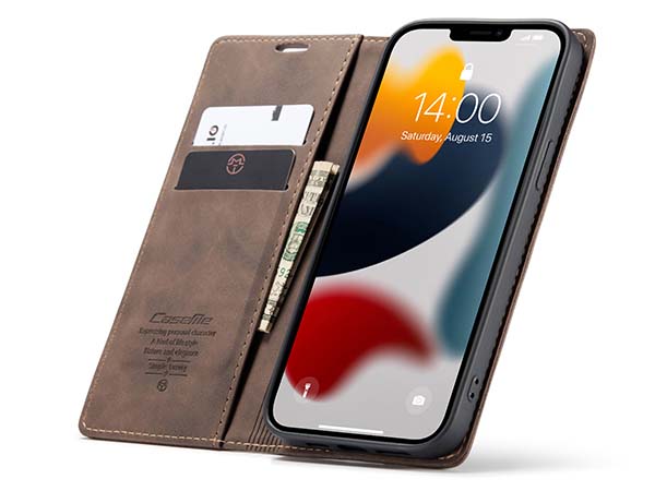 CaseMe Slim Synthetic Leather Wallet Case with Stand for iPhone 13 - Chocolate