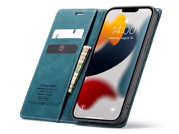 CaseMe Slim Synthetic Leather Wallet Case with Stand for iPhone 13 - Teal