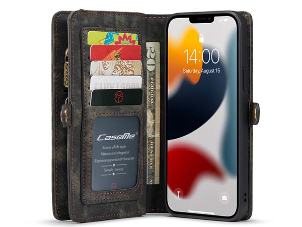 CaseMe 2-in-1 Synthetic Leather Wallet Case for iPhone 13 Pro Max - Khaki/Grey