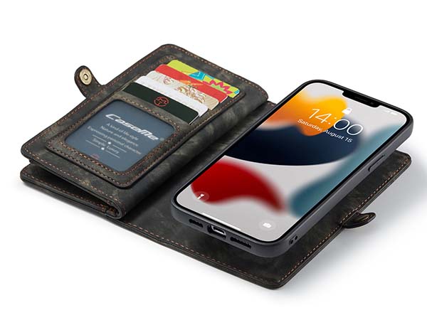 CaseMe 2-in-1 Synthetic Leather Wallet Case for iPhone 13 Pro Max - Khaki/Grey