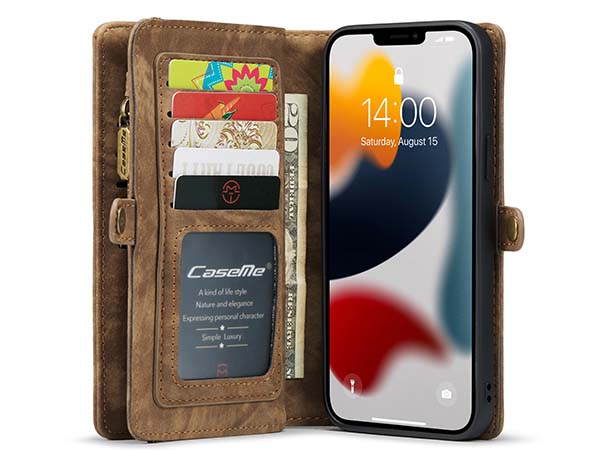 CaseMe 2-in-1 Synthetic Leather Wallet Case for iPhone 13 Pro Max - Beige/Tan
