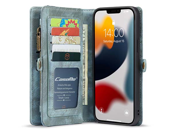 CaseMe 2-in-1 Synthetic Leather Wallet Case for iPhone 13 Pro Max - Teal/Ash