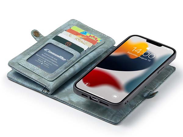 CaseMe 2-in-1 Synthetic Leather Wallet Case for iPhone 13 Pro Max - Teal/Ash