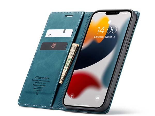 CaseMe Slim Synthetic Leather Wallet Case with Stand for iPhone 13 Pro Max - Teal
