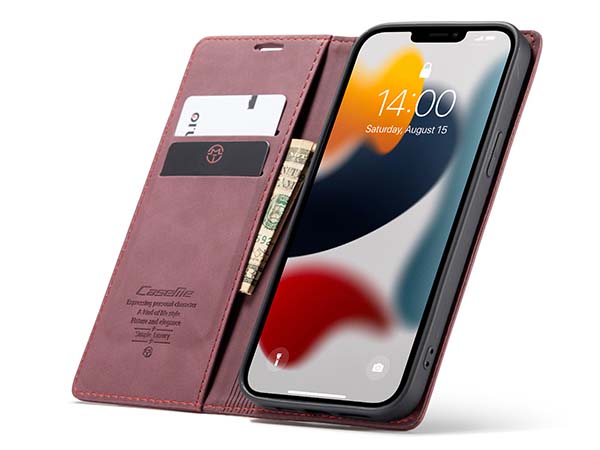 CaseMe Slim Synthetic Leather Wallet Case with Stand for iPhone 13 Pro Max - Burgundy