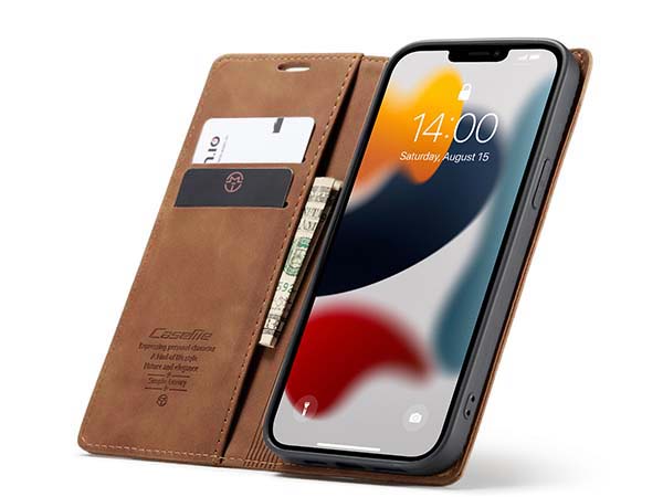 CaseMe Slim Synthetic Leather Wallet Case with Stand for iPhone 13 Pro Max - Tan