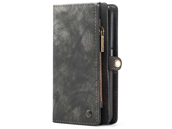 CaseMe 2-in-1 Synthetic Leather Wallet Case for Samsung Galaxy A12 - Khaki/Grey Leather Wallet Case