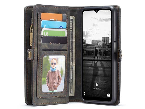 CaseMe 2-in-1 Synthetic Leather Wallet Case for Samsung Galaxy A12 - Khaki/Grey