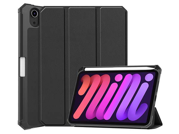 Slim Synthetic Leather Case with Stand and Pen Holder for the iPad mini 6 (2021) - Black Leather Flip Case