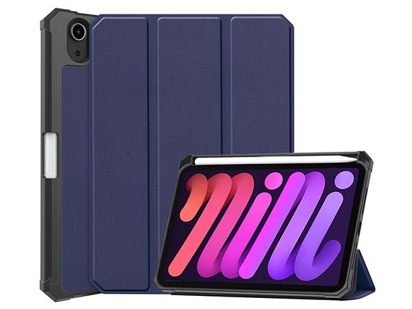 Slim Synthetic Leather Case with Stand and Pen Holder for the iPad mini 6 (2021) - Navy Blue Leather Flip Case