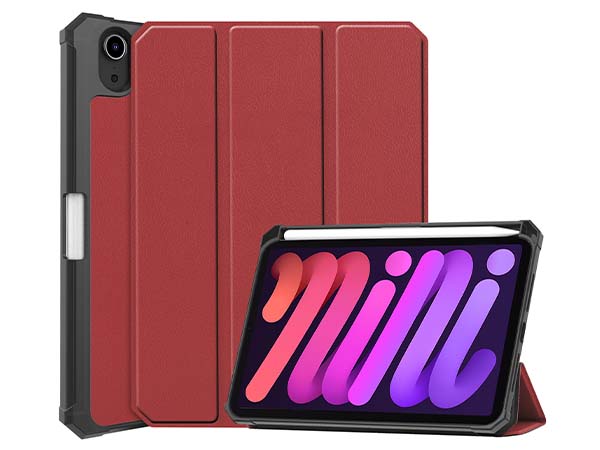 Slim Synthetic Leather Case with Stand and Pen Holder for the iPad mini 6 (2021) - Burgundy Leather Flip Case