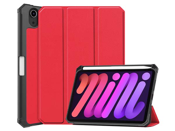 Slim Synthetic Leather Case with Stand and Pen Holder for the iPad mini 6 (2021) - Red Leather Flip Case