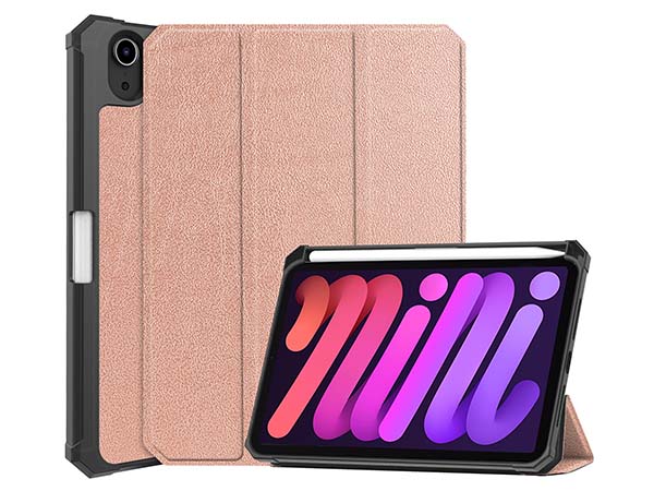 Slim Synthetic Leather Case with Stand and Pen Holder for the iPad mini 6 (2021) - Rose Gold Leather Flip Case