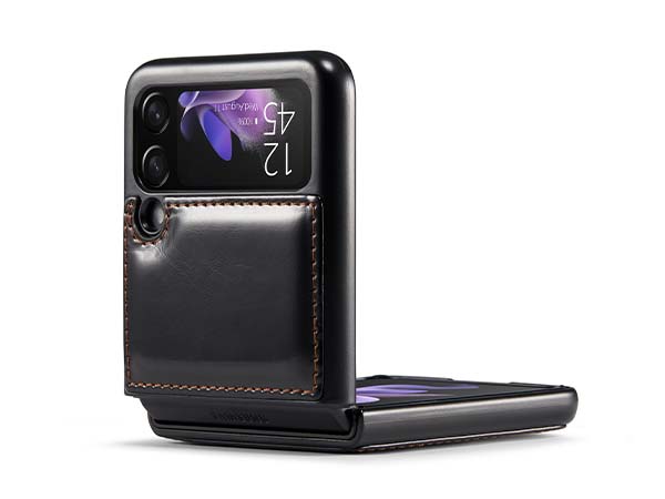 CaseMe Slim Synthetic Leather Case with Stand for Samsung Galaxy Z Flip3 5G - Black Leather Wallet Case