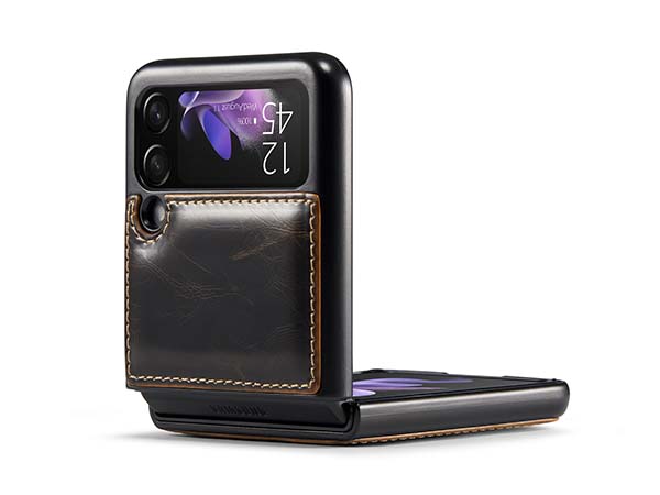 CaseMe Slim Synthetic Leather Case with Stand for Samsung Galaxy Z Flip3 5G - Brown Leather Wallet Case