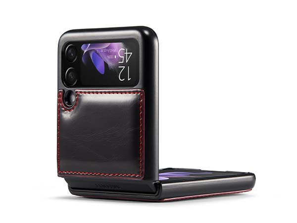 CaseMe Slim Synthetic Leather Case with Stand for Samsung Galaxy Z Flip3 5G - Burgundy Leather Wallet Case
