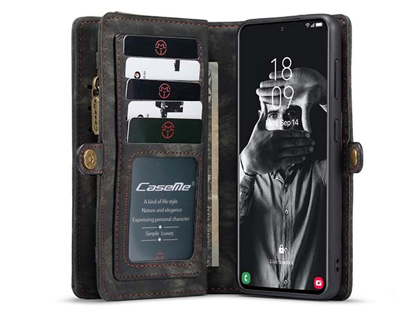 CaseMe 2-in-1 Synthetic Leather Wallet Case for Samsung Galaxy S21 FE - Khaki/Grey