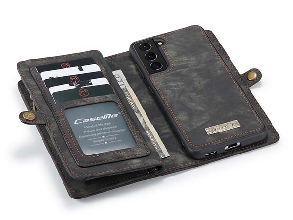 CaseMe 2-in-1 Synthetic Leather Wallet Case for Samsung Galaxy S21 FE - Khaki/Grey