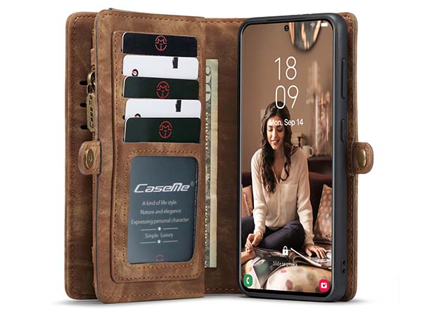 CaseMe 2-in-1 Synthetic Leather Wallet Case for Samsung Galaxy S21 FE - Beige/Tan