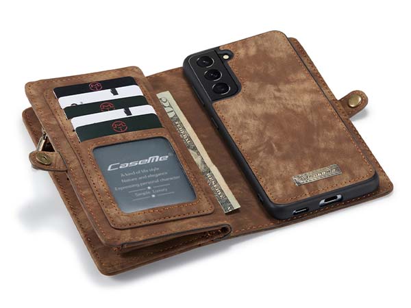 CaseMe 2-in-1 Synthetic Leather Wallet Case for Samsung Galaxy S21 FE - Beige/Tan