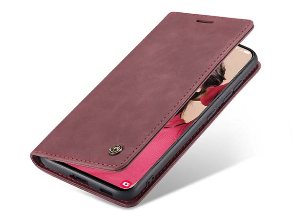 CaseMe Slim Synthetic Leather Wallet Case with Stand for Samsung Galaxy S21 FE - Burgundy Leather Wallet Case