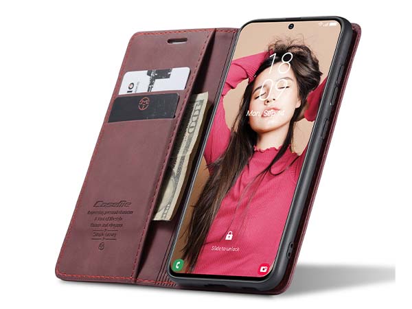CaseMe Slim Synthetic Leather Wallet Case with Stand for Samsung Galaxy S21 FE - Burgundy